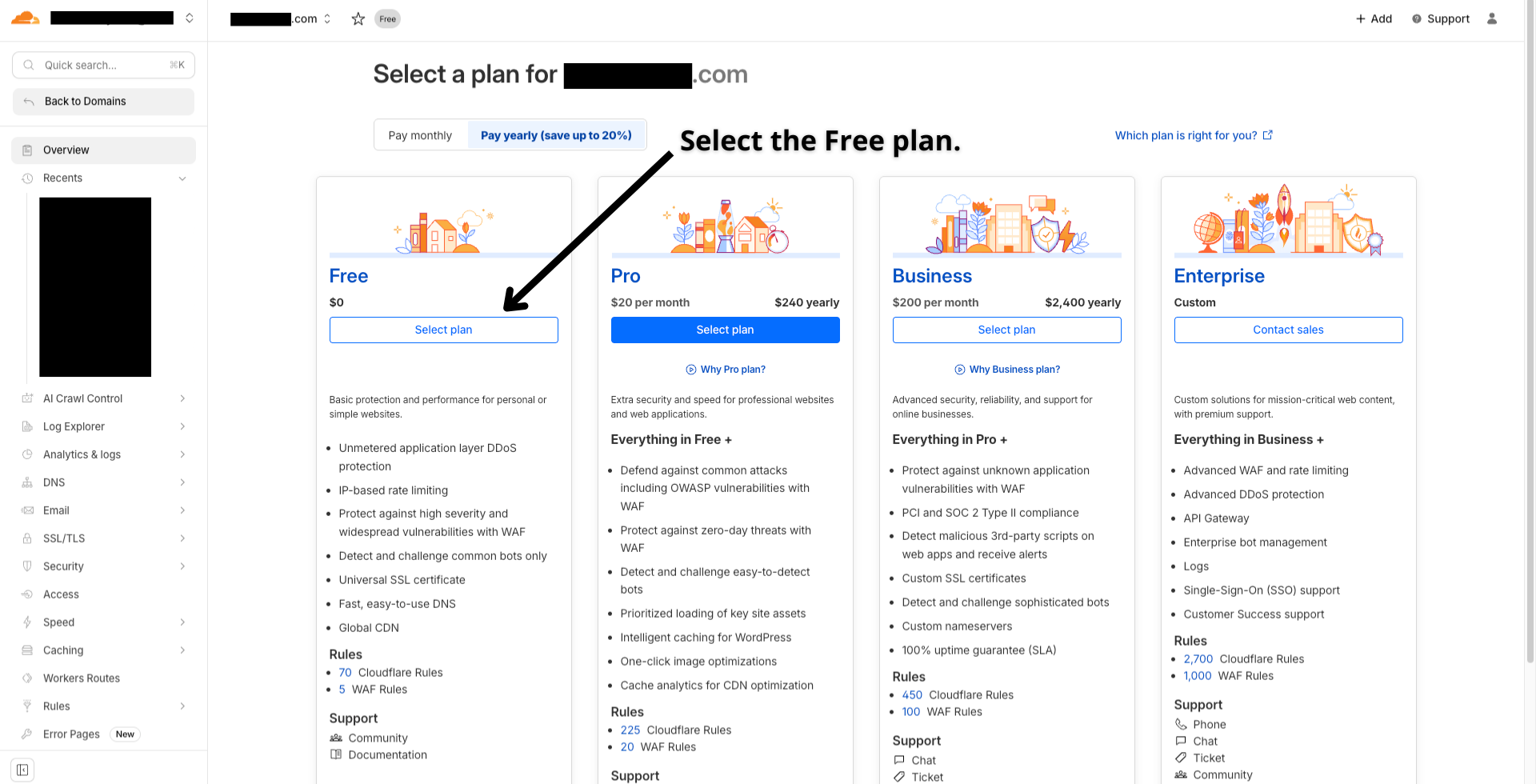 Cloudflare - plan selection